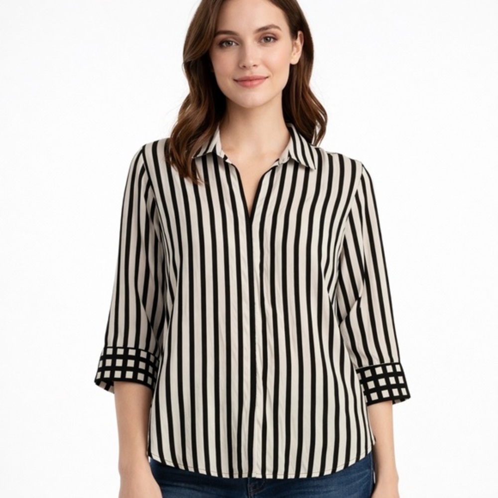 Foxcroft Medium Agnes NWOT Black and Taupe Striped Shirt 3/4 sleeves Tunic Top